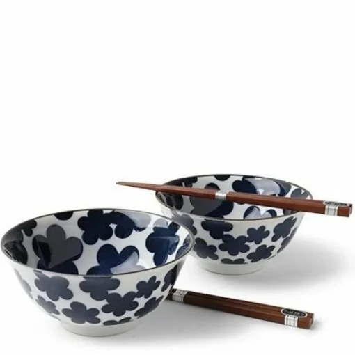 Blue and white cloud pattern on a charming ceramic bowl set made in Japan available at Miya.