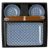 Blue and white cross pattern sushi set for two made in Japan available at Miya.