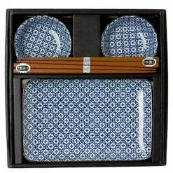 Blue and white cross pattern sushi set for two made in Japan available at Miya.