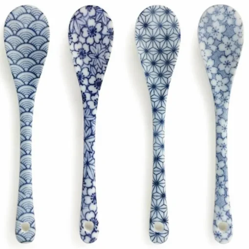 Blue and White Japanese Pattern Dessert Spoon Set Available at Miya.