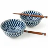 Blue and white rain pattern bowl set with chopsticks made in Japan available at Miya.