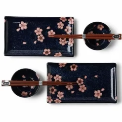 Blue ceramics with pink sakura design made in Japan available at Miya.
