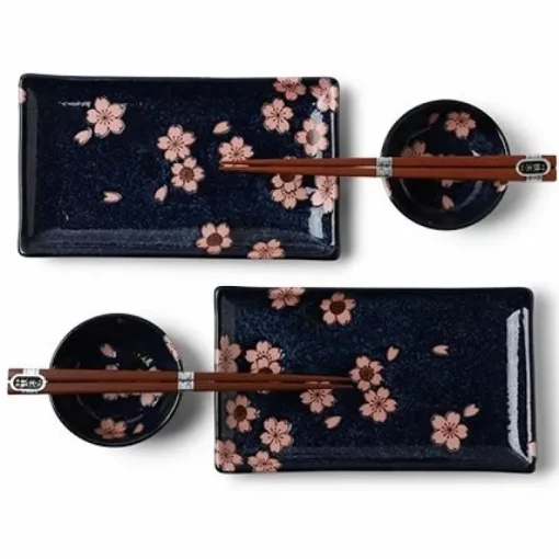 Blue ceramics with pink sakura design made in Japan available at Miya.