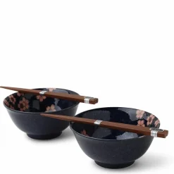 Blue ceramics with pink sakura design made in Japan available at Miya.