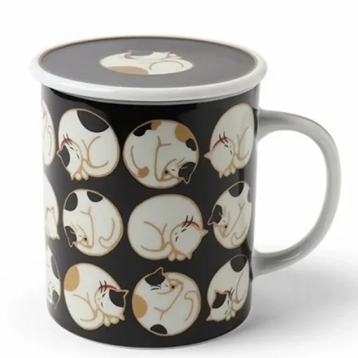 Jewel Japan Sleepy Cat lidded mug made in Japan available at Miya.