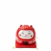 Red ceramic fortune cat dressed as a daruma for double the luck made in Japan.